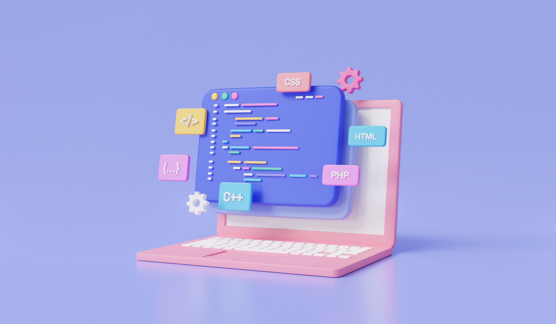 Web development concept. Creation digital Software on web via laptop, Programming and engineering development, coding and programming language, software developer. 3d minimal render illustration